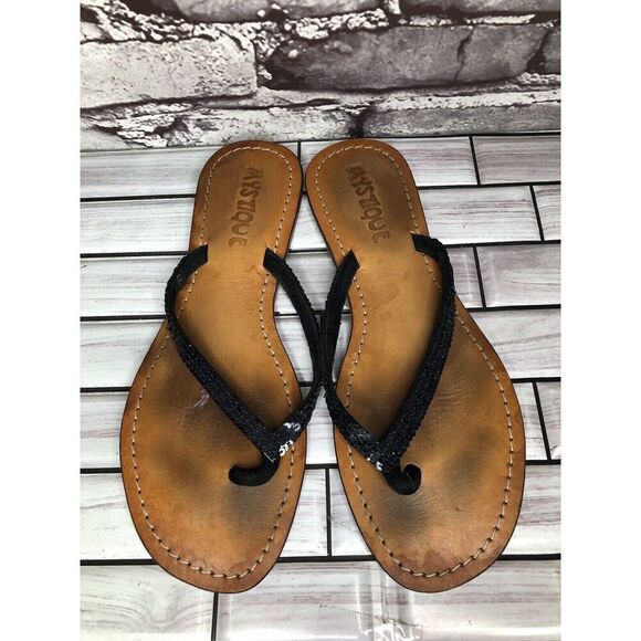 Mystique Black Leather Snake Skin Thong Flip Flops Sandals Women Sz 9M US/40EU - Picture 3 of 16